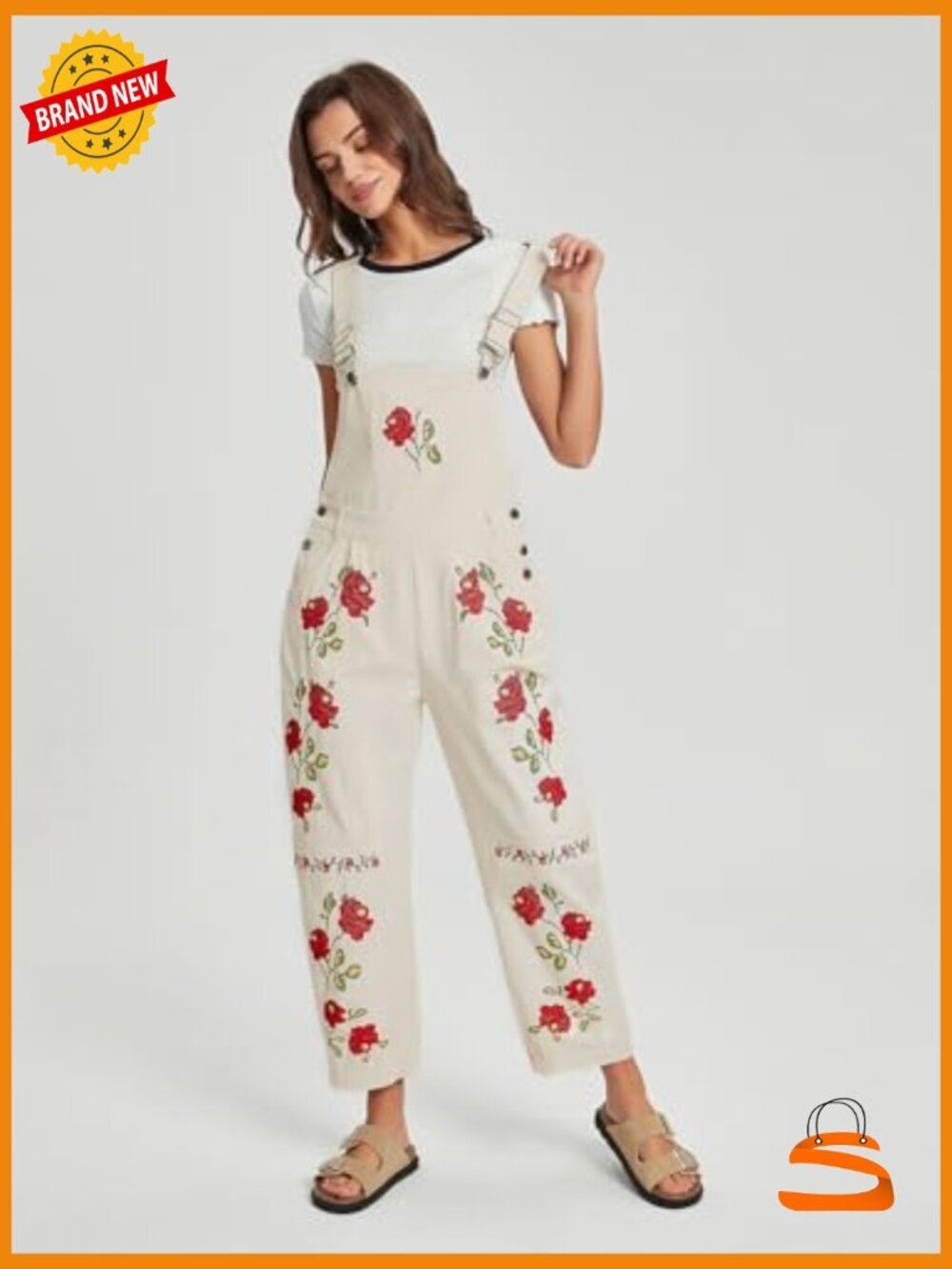 Loose Fit Floral Embroidered Denim Bib Jumpsuit Barrel Pants Overalls with - Picture 3 of 7